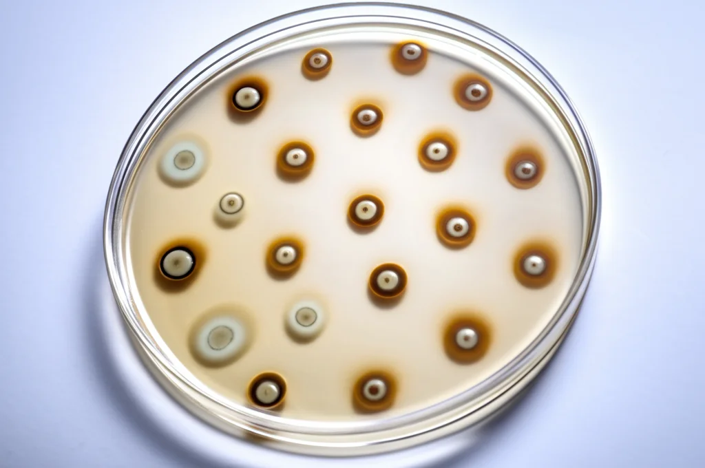 Fotografia still life di una piastra per antibiogramma (metodo Kirby-Bauer) con dischi antibiotici su agar Mueller-Hinton inoculato con Klebsiella pneumoniae, obiettivo macro 60mm, alta definizione, illuminazione da laboratorio controllata, focus sui dischi e sugli aloni di inibizione.