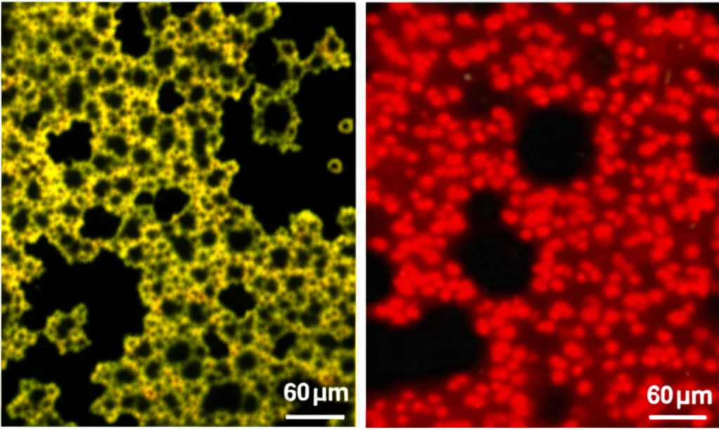 Immagine al microscopio di cellule di epatocarcinoma (HCC) in una piastra di Petri. A sinistra, cellule di controllo con crescita abbondante. A destra, cellule con BAMBI silenziato che mostrano crescita inibita e meno colonie. Macro lens, 60mm, high detail, precise focusing, illuminazione chiara.