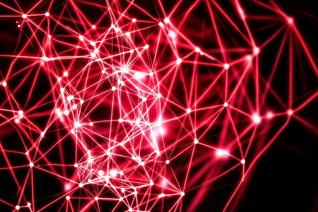 Visualizzazione astratta di nodi luminosi interconnessi che rappresentano elementi di una permutazione. Le connessioni cambiano dinamicamente, mostrando alcuni nodi che si uniscono in cluster (cicli) più grandi, mentre altri rimangono separati. L'illuminazione è drammatica con scie luminose che indicano il movimento. Macro lens 90mm, high detail, precise focusing.