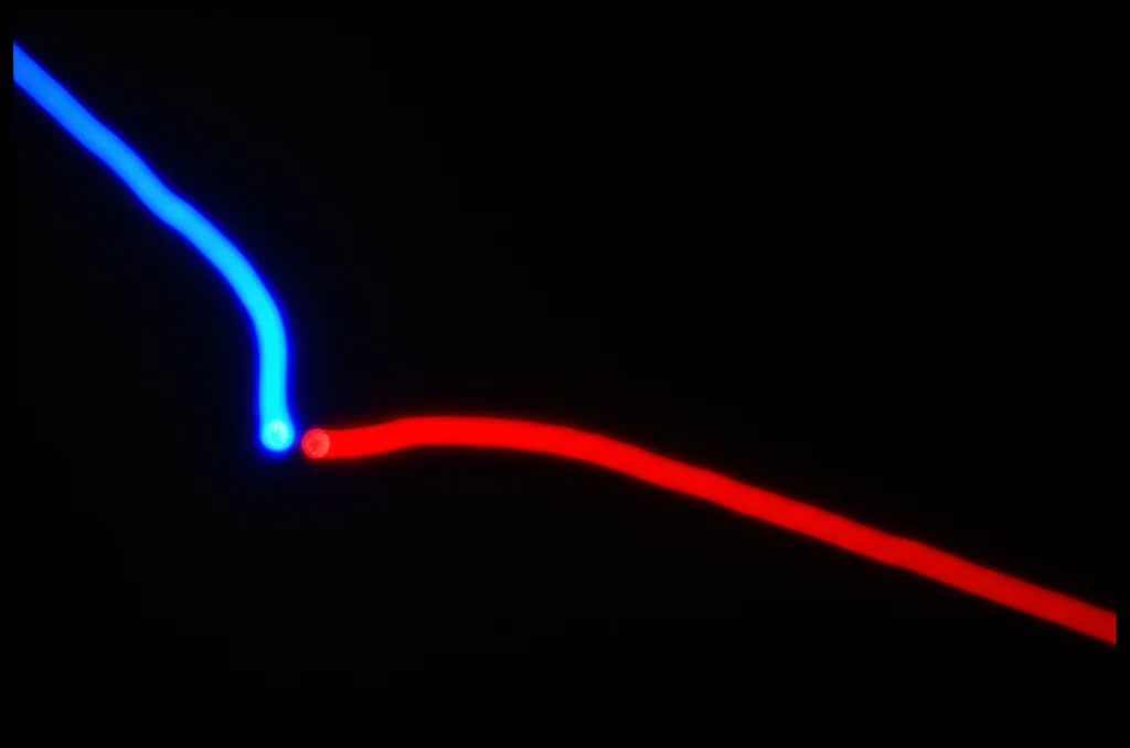 Grafico scientifico astratto che mostra chiaramente una curva (es. blu) che rimane piatta vicino a 1 e poi cade bruscamente con un salto verticale verso un'altra curva deterministica (es. rossa) che scende gradualmente verso 0. Lo sfondo è scuro per enfatizzare le curve luminose. Lente prime 35mm, profondità di campo ridotta per focalizzare sul salto.