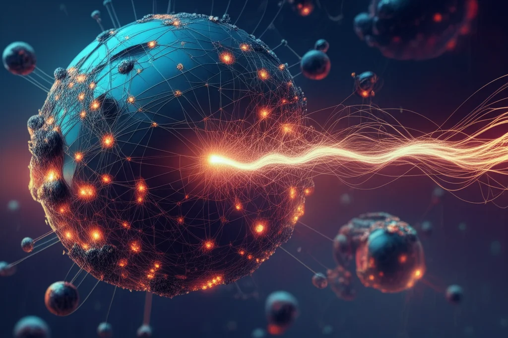 Visualizzazione 3D astratta di un grafo complesso con nodi e archi luminosi. Una componente gigante centrale domina la scena, mentre componenti più piccole fluttuano attorno. Una scia luminosa rappresenta la 'passeggiata aleatoria' che si muove verso la componente gigante. Stile high detail, controlled lighting, macro lens 100mm.