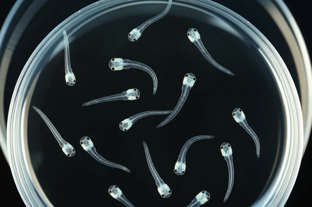 Fotografia macro di larve di zebrafish trasparenti in una piastra di Petri. Obiettivo macro 100mm, alta definizione, illuminazione controllata per evidenziare i dettagli interni, focus sul sistema nervoso visibile.