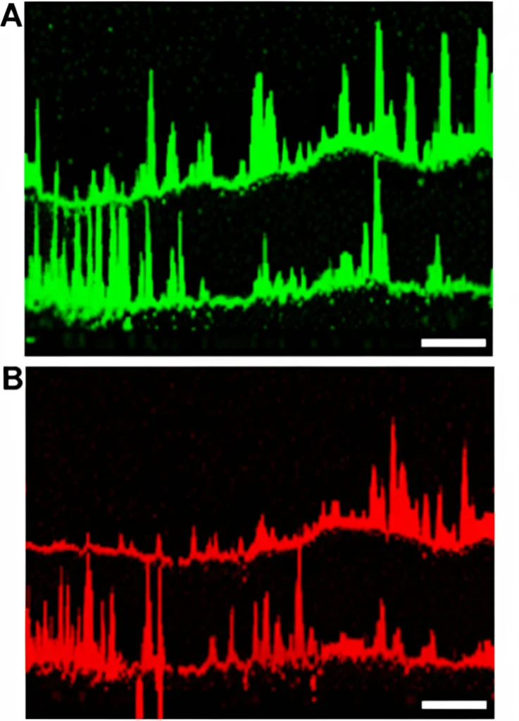 Visualizzazione grafica di un tracciato MEA (Microelectrode Array) con picchi di attività neurale da una larva di zebrafish. Colori vivaci indicano alta attività in specifiche aree (testa). Stile scientifico, alta definizione.