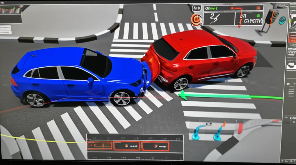 Immagine fotorealistica di un ambiente di simulazione 3D su un monitor di computer ad alta risoluzione, che mostra due modelli di auto stilizzati (una berlina blu e un SUV rosso) in una scena di pre-impatto su un incrocio urbano virtuale. Illuminazione controllata da studio, dettagli elevati sui modelli CAD virtuali dei veicoli, obiettivo macro 85mm focalizzato sullo schermo che mostra linee di traiettoria e dati cinematici.