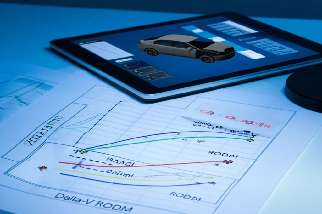 Fotografia still life di un foglio di grafici tecnici comparativi su una scrivania da ingegnere illuminata da una lampada da tavolo. Accanto ai grafici, un tablet mostra dati numerici e modelli 3D di auto deformate. Obiettivo macro 60mm, alta definizione, messa a fuoco precisa sui grafici che confrontano curve di Delta-V tra simulazioni RODM, modello impulsivo e dati reali, illuminazione controllata.