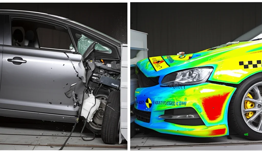 Fotografia comparativa affiancata: a sinistra, foto reale di un'auto (berlina grigia) dopo un crash test frontale con piccolo overlap contro una barriera rigida, mostrando evidenti danni alla zona anteriore sinistra e alla ruota. A destra, la corrispondente visualizzazione 3D della simulazione RODM con deformazioni simili evidenziate. Scattata con obiettivo prime 50mm, profondità di campo media, illuminazione da laboratorio per il crash test, illuminazione virtuale per la simulazione.