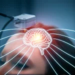 Fotografia macro di un trasduttore a ultrasuoni focalizzati (tFUS) posizionato delicatamente vicino alla tempia di una persona, con una sovrapposizione grafica stilizzata e traslucida del cervello umano che mostra onde sonore convergenti sull'amigdala, evidenziata da un bagliore. Luce da studio controllata per enfatizzare i dettagli del trasduttore e la texture della pelle, obiettivo macro 85mm, alta definizione, profondità di campo ridotta per mantenere il focus sul punto di applicazione.