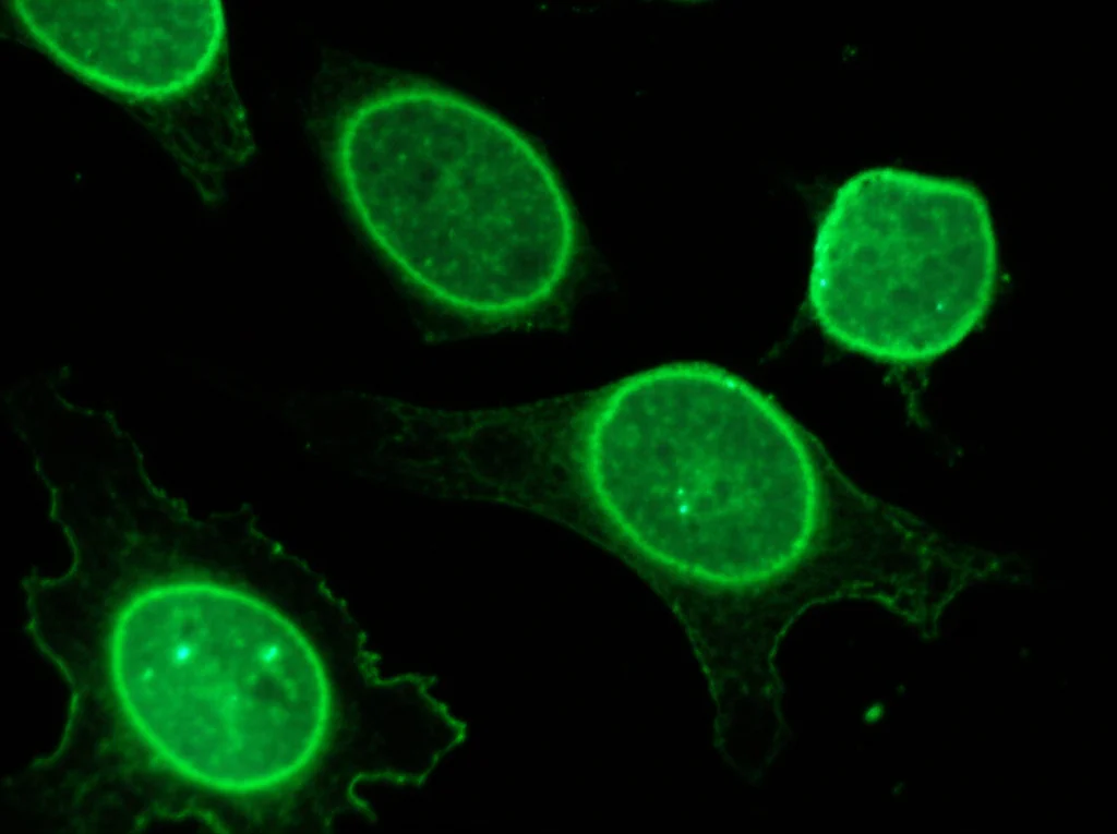 Illustrazione scientifica fotorealistica che mostra tessuto endometriosico ectopico con cellule che esprimono alti livelli della proteina PYK2 (visualizzata con fluorescenza verde brillante), evidenziando la morfologia invasiva e la transizione epitelio-mesenchimale in corso, obiettivo macro 85mm, alta definizione dei dettagli cellulari, illuminazione drammatica con sfondo scuro per enfatizzare la fluorescenza.