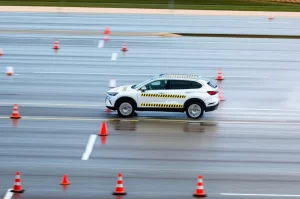 Immagine fotorealistica di un'auto moderna (SUV bianco) su una pista di prova durante un test di frenata d'emergenza autonoma (AEB) simulato virtualmente, vista da un angolo basso e dinamico mentre si avvicina a un ostacolo fittizio. Teleobiettivo 150mm, fast shutter speed per congelare l'azione, tracciamento del movimento, ambiente di test virtuale con dettagli realistici come asfalto bagnato e coni segnaletici.