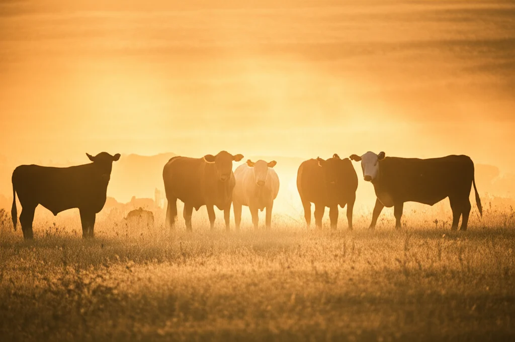 Bovini in un pascolo arido sotto il sole cocente delle Southern Plains USA, cercano ombra che non c'è, ansimanti. Telephoto zoom, 200mm, fast shutter speed, effetto foschia da calore, high detail sulla sofferenza dei bovini.