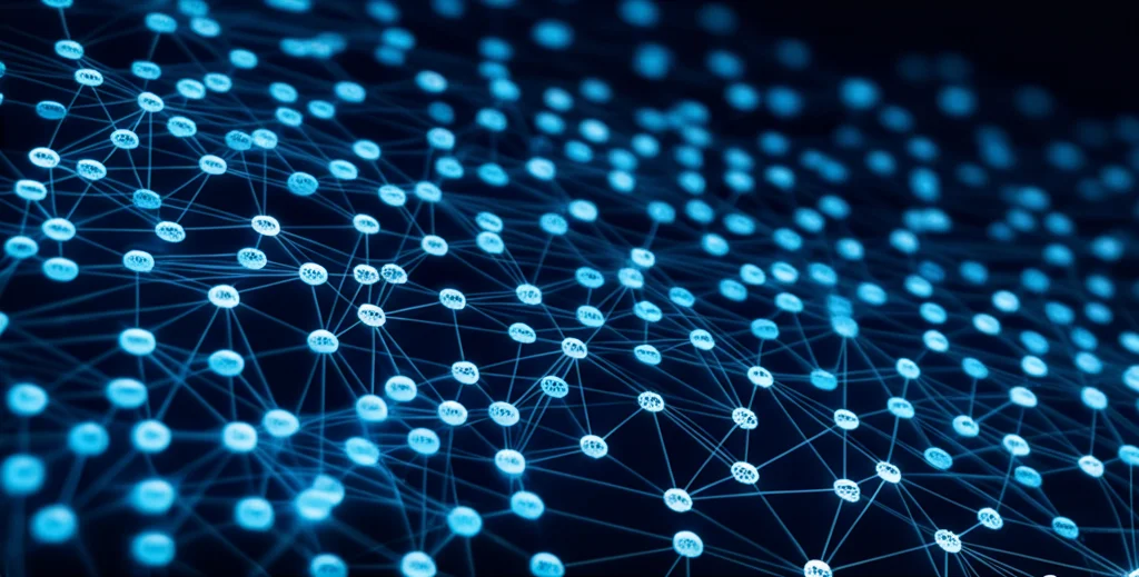 Macro fotografia, 85mm lens, di una complessa rete di interazioni proteiche (PPI network) visualizzata su uno schermo scuro, con nodi luminosi che rappresentano i geni e linee che collegano quelli interagenti. Focus preciso sui nodi centrali (hub genes). Illuminazione controllata per enfatizzare la complessità dei dati bioinformatici. High detail.