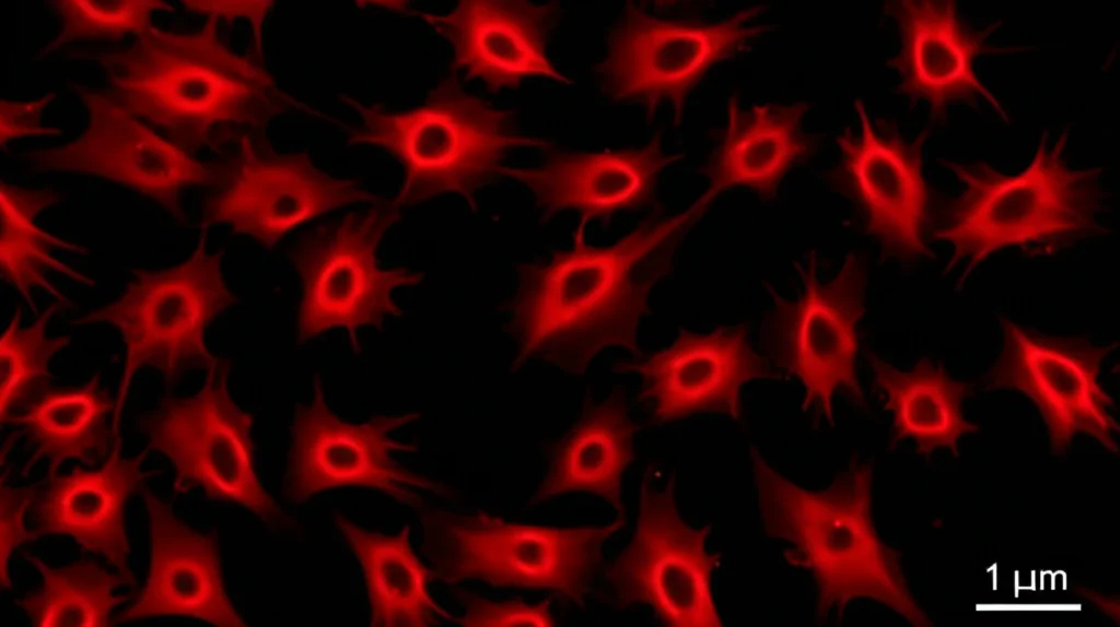 Ricercatore in laboratorio che osserva colture cellulari di carcinoma nasofaringeo (C666-1) al microscopio a fluorescenza dopo trattamento con esosomi marcati. Lente prime 35mm, profondità di campo ridotta per focalizzare sulle cellule, illuminazione da laboratorio controllata.