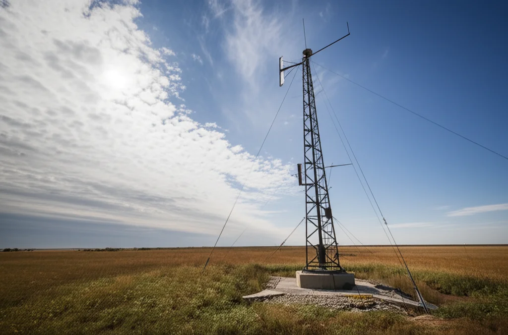 Stazione meteorologica Mesonet in un vasto paesaggio delle pianure dell'Oklahoma, cielo parzialmente nuvoloso ma con sole forte, erba secca. Wide-angle lens, 18mm, sharp focus, long exposure per sfumare leggermente le nuvole, enfatizzando l'immobilità dell'aria.