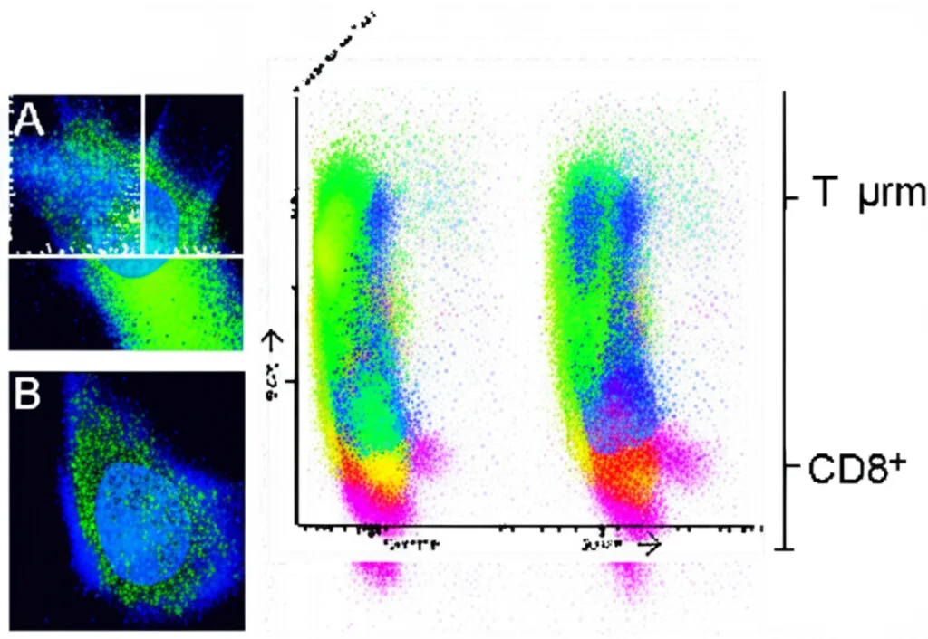 Immagine di citometria a flusso che mostra la differenziazione di popolazioni di linfociti T CD8+ (cellule immunitarie) in un campione tumorale murino. Alta definizione, colori vivaci per distinguere i marcatori cellulari, sfondo astratto scientifico.