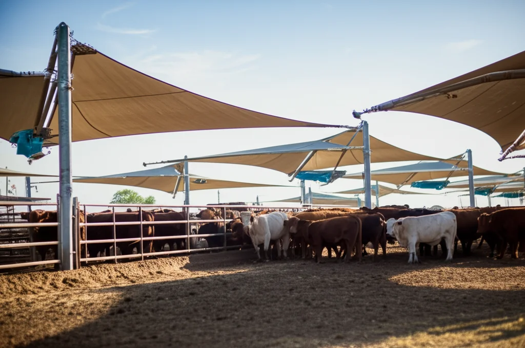 Moderno feedlot per bovini nelle Southern Plains, con alcune strutture ombreggianti installate, bestiame che si ripara sotto. Prime lens, 35mm, depth of field che mostra sia i bovini che le strutture, luce del tardo pomeriggio.