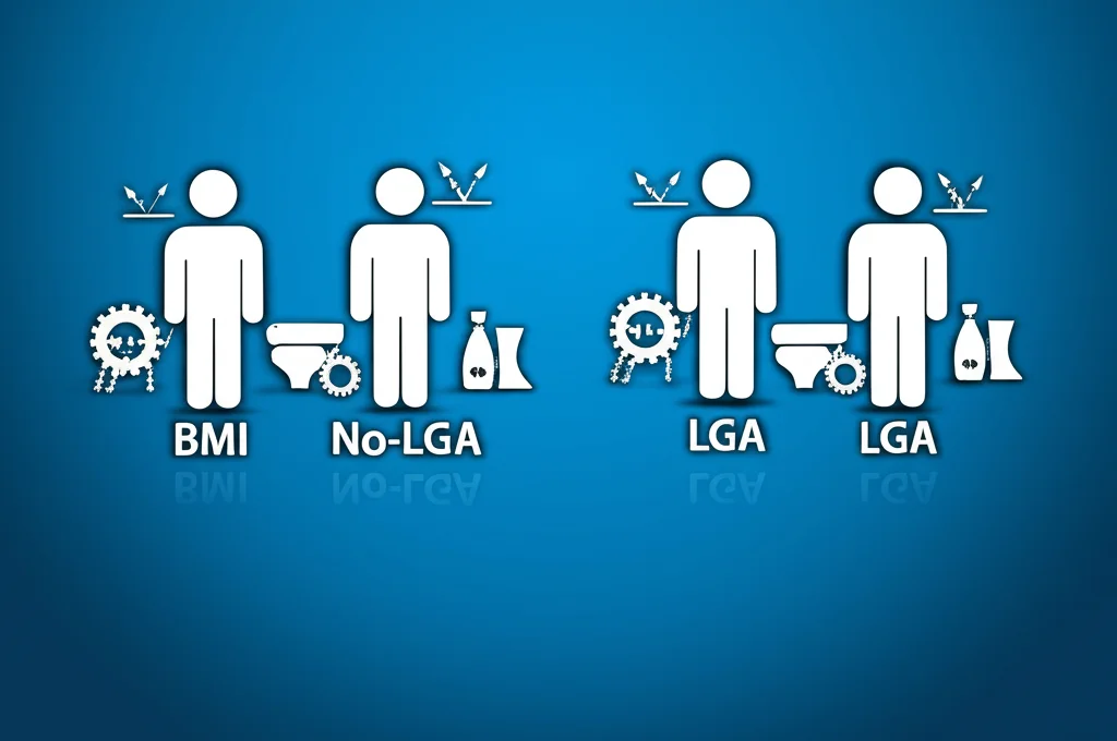 Grafico stilizzato che mostra la divisione di un gruppo di persone in due sottogruppi, uno più grande (No-LGA) e uno più piccolo (LGA), con icone che rappresentano fattori di rischio come BMI, peso, glucosio. Macro lens, 60mm, high detail, controlled lighting.