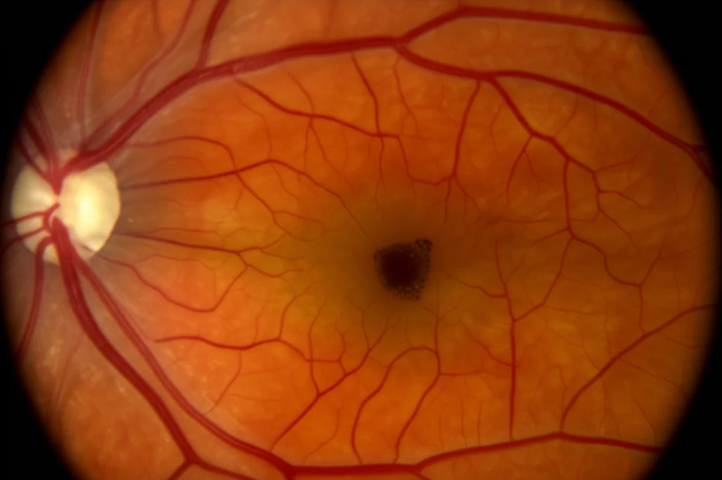Immagine fotorealistica del fondo oculare di un paziente con segni iniziali di retinopatia diabetica, microaneurismi visibili. Macro lens, 85mm, high detail, controlled lighting.