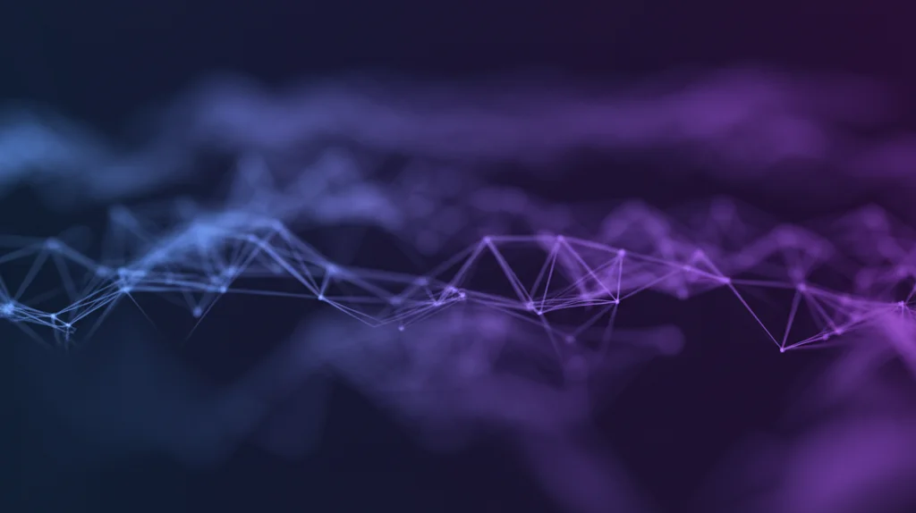 Visualizzazione astratta di una rete neurale ibrida (CNN+RNN) che analizza dati temporali e spaziali, con nodi luminosi che rappresentano l'attenzione. Wide-angle, 15mm, sharp focus, duotone blu e viola.
