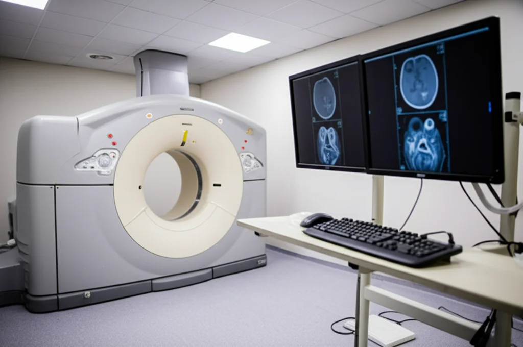 Immagine fotorealistica di uno scanner PET/CT moderno in una sala ospedaliera illuminata in modo controllato, obiettivo macro 70mm per dettaglio elevato sulla tecnologia e sui monitor che mostrano scansioni.