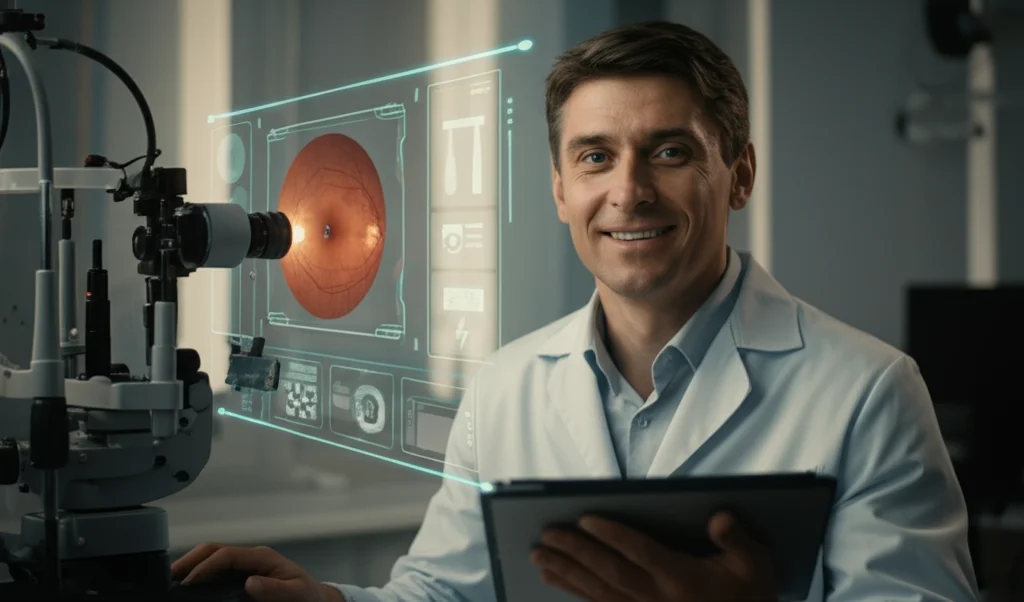 Foto ritratto di un oftalmologo sorridente che esamina un'immagine retinica su un tablet, assistito da un'interfaccia AI. Prime lens, 35mm, depth of field, luce naturale da finestra.