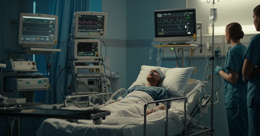 Fotografia di un paziente in un letto di terapia intensiva, monitoraggio complesso visibile, luce soffusa, obiettivo 35mm con profondità di campo per focalizzare sul paziente ma mostrare l'ambiente ICU. Un medico e un infermiere assistono.