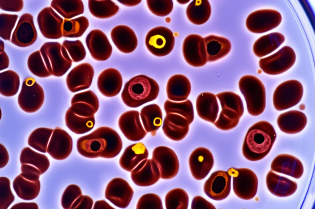 Fotografia macro di cellule del sangue equine in una piastra di Petri, alcune luminose a indicare stress ossidativo, altre più scure trattate con astaxantina. Obiettivo macro 100mm, illuminazione controllata da laboratorio, alta definizione, messa a fuoco precisa.