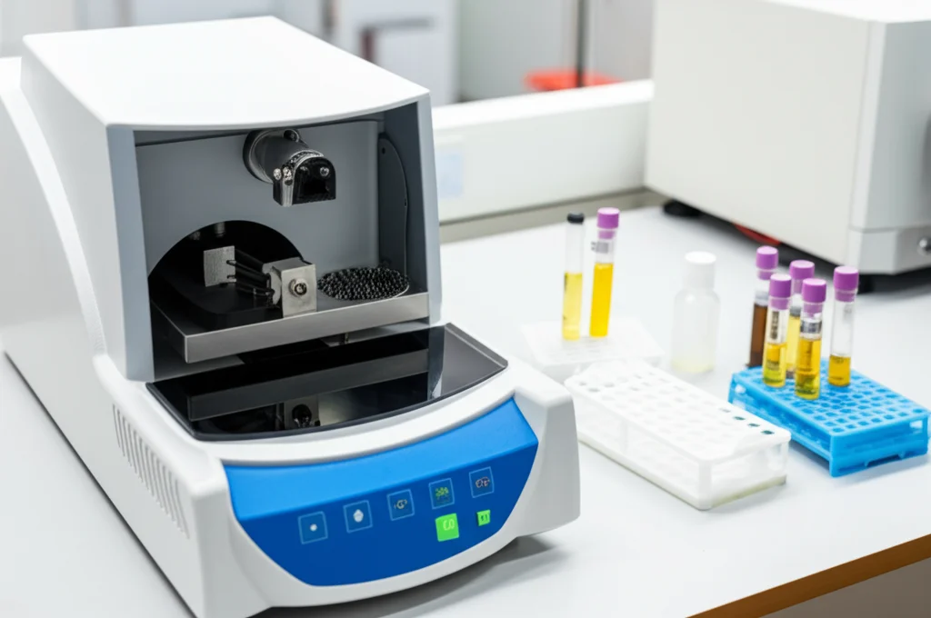 Fotografia di un moderno spettrometro NMR da banco 'cryogen-free' in un laboratorio pulito. Accanto, alcune provette contenenti campioni di olio di cumino nero e oli potenzialmente adulteranti (girasole, cotone). Illuminazione controllata, alta definizione, lente 35mm.