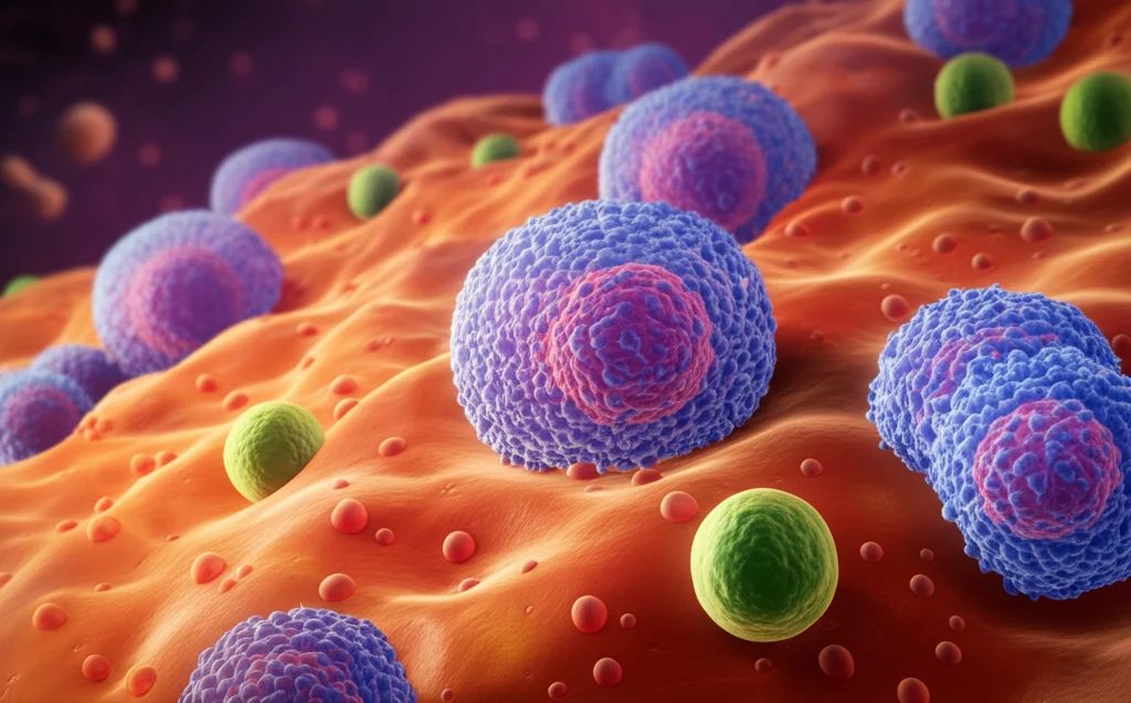 Visualizzazione artistica 3D di mitocondri sani all'interno di una cellula, con alcuni evidenziati per il processo di mitofagia. Colori vibranti, dettagli microscopici, illuminazione interna suggestiva.