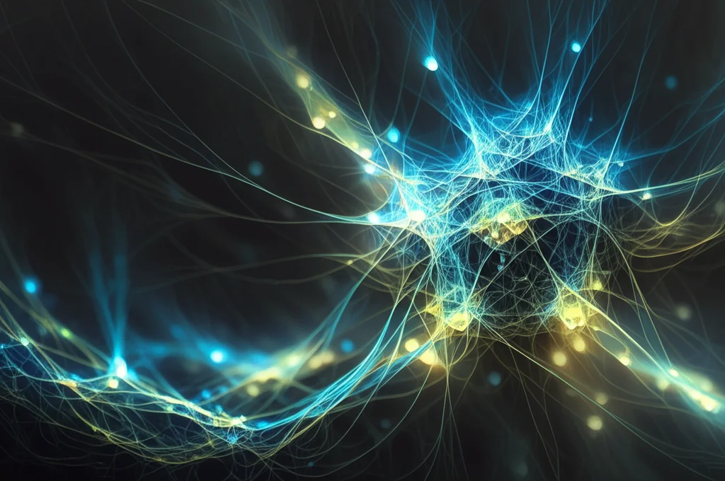 Visualizzazione astratta di reti neurali luminose blu e verdi che processano dati testuali su uno sfondo scuro, simboleggiando l'AI che analizza abstract scientifici. Macro lens, 90mm, high detail, controlled lighting.