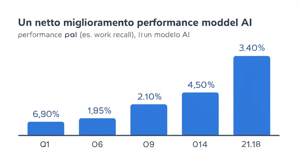 Un grafico a barre che mostra un netto miglioramento delle performance (es. recall, work saved) attraverso tre diverse versioni di un modello AI, con l'ultima barra significativamente più alta. Stile infografica pulita, colori blu e grigio.