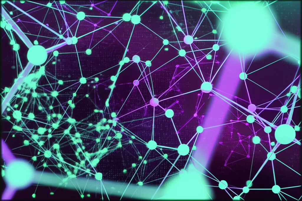 Fotografia concettuale di un flusso di dati digitali astratti analizzato da un algoritmo di intelligenza artificiale visualizzato come una rete neurale luminosa, obiettivo prime 35mm, profondità di campo, colori duotone viola e verde acqua, alta definizione.