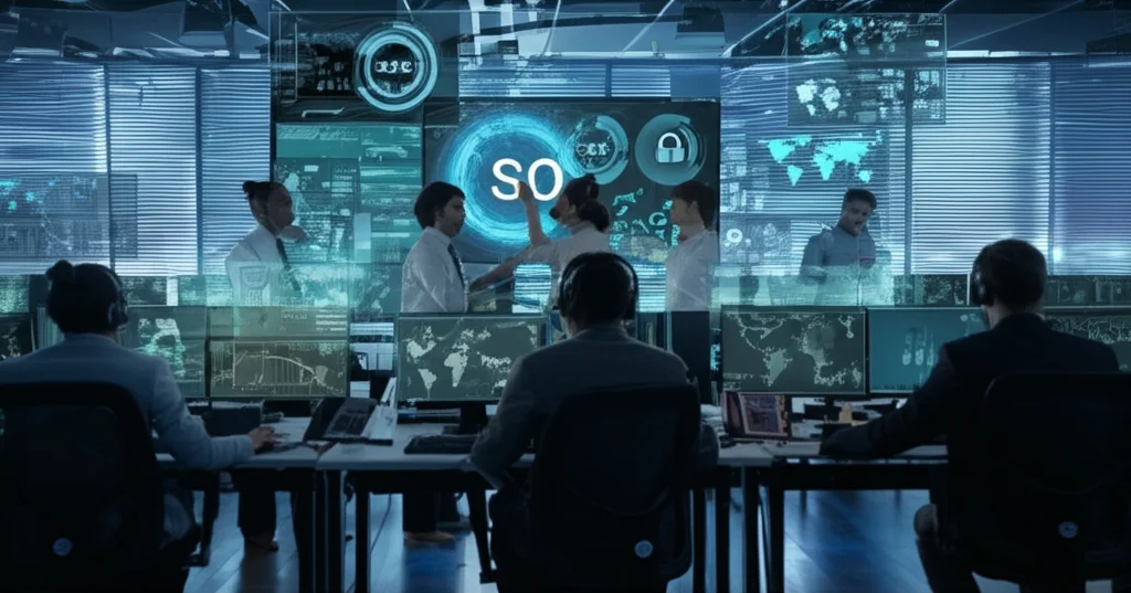 Fotografia di una sala operativa di sicurezza (SOC) futuristica con schermi che mostrano dashboard AI, analisti che collaborano con l'AI per rispondere a un incidente, obiettivo grandangolare 18mm, illuminazione ambientale controllata, alta definizione.