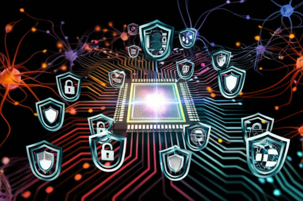 Fotografia concettuale che illustra la convergenza tra AI, Quantum Computing e Cybersecurity. Un chip quantistico luminoso al centro, circondato da reti neurali astratte e scudi di sicurezza digitali, obiettivo grandangolare 14mm, lunga esposizione per scie luminose, colori neon vibranti.