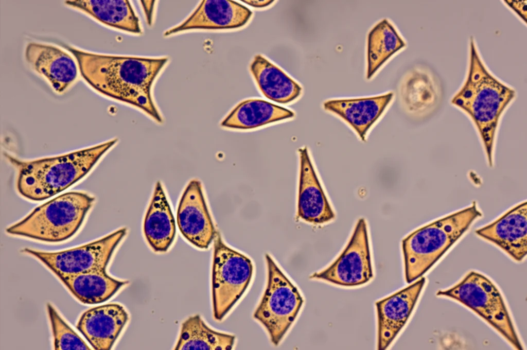 Immagine macrofotografica ad alta definizione di cellule pancreatiche in coltura, alcune delle quali mostrano segni di piroptosi (rigonfiamento, pori sulla membrana), con illuminazione controllata per evidenziare i dettagli cellulari. Obiettivo macro 60mm.