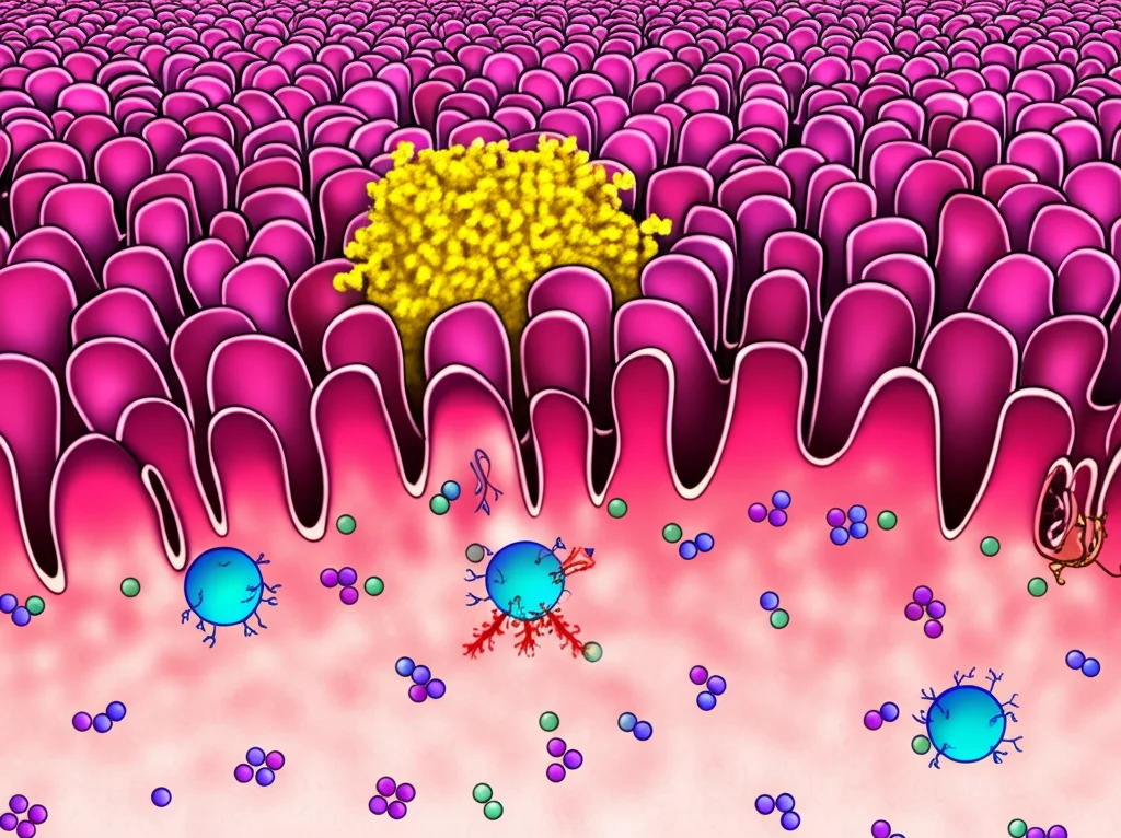Visualizzazione astratta del microambiente tumorale pancreatico, con cellule T helper (rappresentate schematicamente in blu) che infiltrano il tessuto tumorale (rosa/viola) vicino a un complesso dell'inflammasoma NLRP3 attivato (struttura gialla brillante). Stile grafico scientifico con colori vivaci per distinguere i componenti.