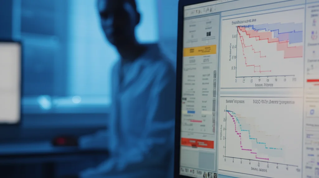 Grafico complesso di bioinformatica visualizzato su uno schermo di computer high-tech in un laboratorio di ricerca, che mostra curve di sopravvivenza Kaplan-Meier (linee discendenti colorate) e analisi ROC (curve arcuate) per una firma prognostica del cancro al pancreas, con un ricercatore sfocato sullo sfondo che osserva i dati. Profondità di campo, luce soffusa bluastra tipica di un laboratorio.
