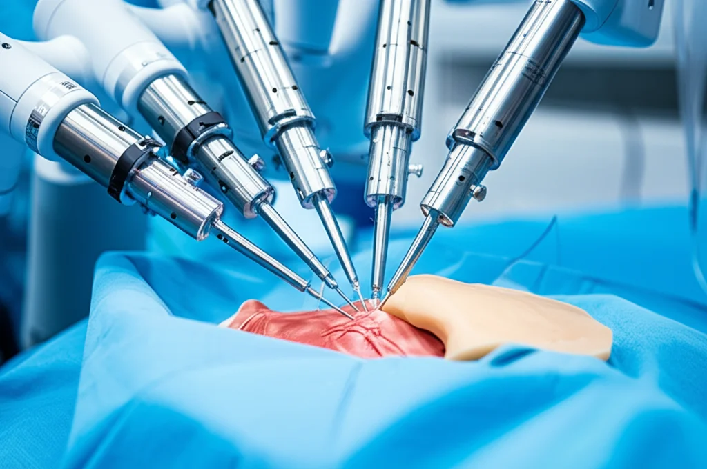 Fotografia di sala operatoria con focus su un sistema di microchirurgia robotica (come MUSA-2 o Symani). Dettaglio macro (obiettivo 100mm) sugli strumenti robotici estremamente fini che si avvicinano a un modello simulato di vasi sanguigni o nervi. Illuminazione controllata e alta definizione per evidenziare la precisione tecnologica.