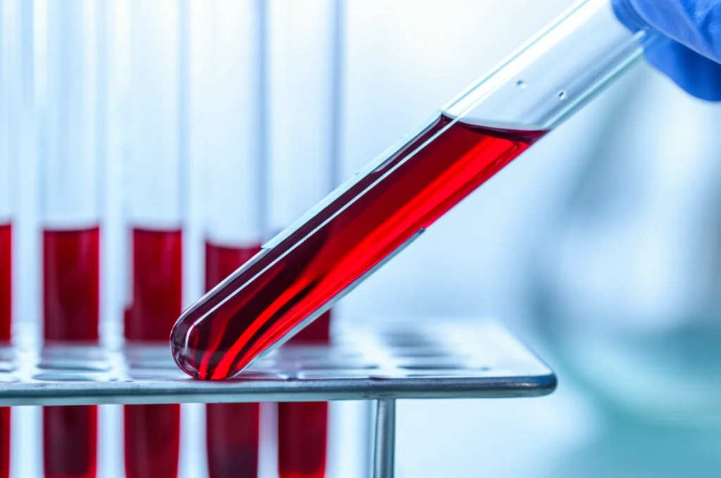 Fotografia macro di una provetta di plasma sanguigno suino in un laboratorio di ricerca, illuminazione controllata, alta definizione, lente macro 100mm, focus preciso sui componenti del plasma.