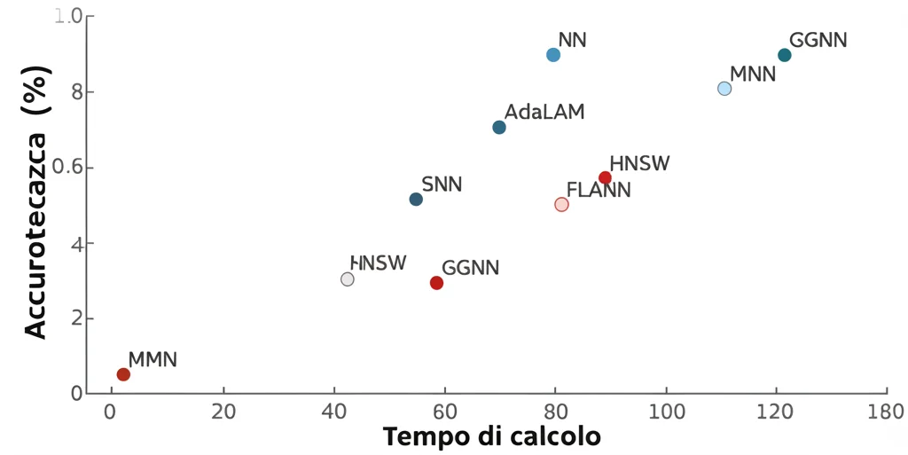 Grafico scientifico 2D che confronta diversi algoritmi di image matching. Asse X: Tempo di calcolo (efficienza, da lento a veloce). Asse Y: Accuratezza (%). Punti rappresentano NN, MNN, SNN, AdaLAM, FLANN, HNSW, GGNN. Il punto GGNN è posizionato nell'area alta e veloce del grafico, sulla frontiera di Pareto, indicando il miglior compromesso efficienza-accuratezza. Stile infografica pulita, alta leggibilità.