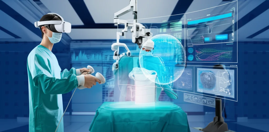 Immagine concettuale del futuro della microchirurgia robotica. Un chirurgo indossa un visore VR/AR (head-mounted display) e opera tramite controller remoti. Sullo schermo olografico si vedono dati biometrici e l'ingrandimento del sito chirurgico con sovrapposizioni AI. Obiettivo grandangolare (24mm) per catturare l'ambiente futuristico.