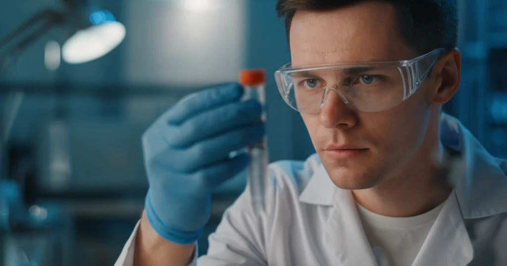 Ritratto di uno scienziato alimentare che esamina attentamente campioni di cibo in un laboratorio, sfondo sfocato (profondità di campo), luce da studio controllata, lente prime 35mm, espressione concentrata.