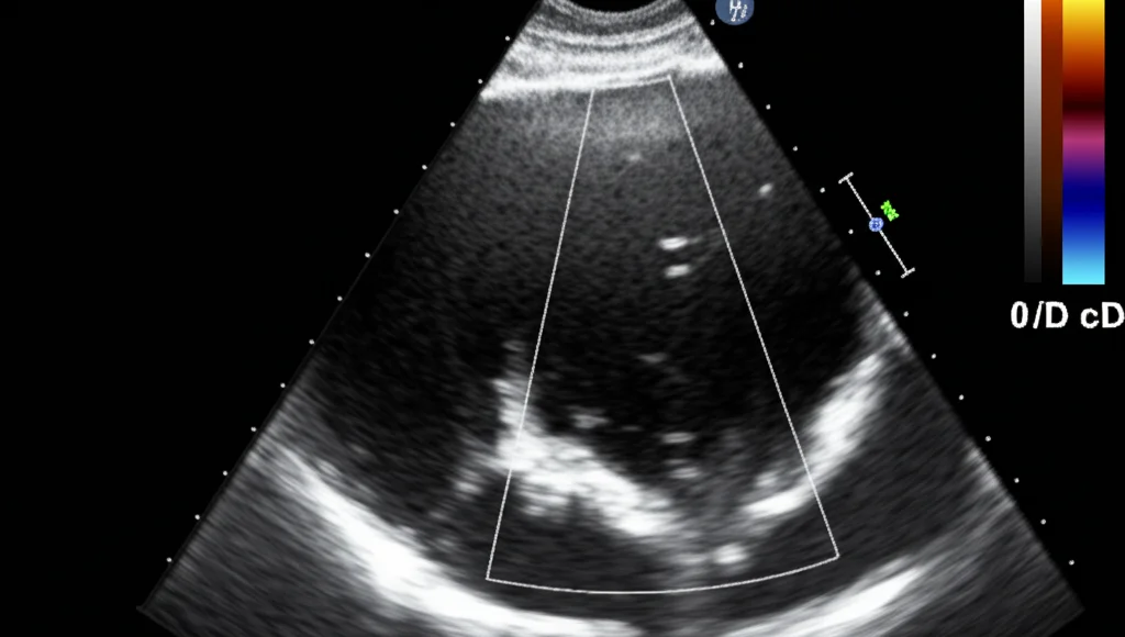 Immagine ecocardiografica M-mode che mostra la misurazione del TAPSE sull'anello tricuspidale in un paziente in terapia intensiva, focus sull'interfaccia tra anello e parete libera del ventricolo destro, alta definizione, illuminazione controllata da studio medico, lente macro 60mm.
