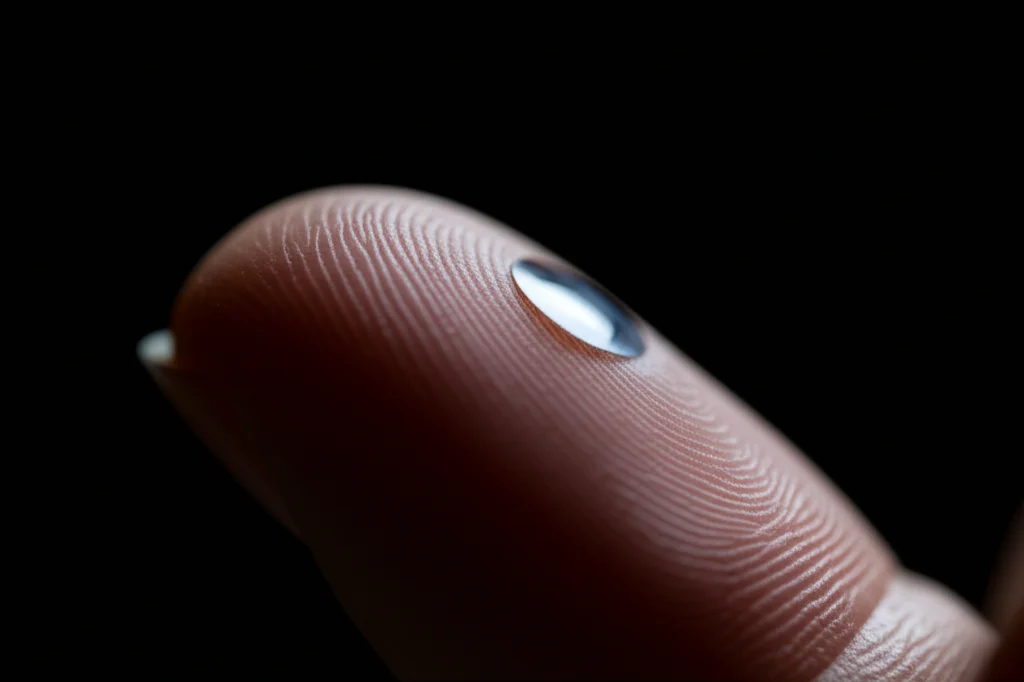 Immagine macro ad alta definizione di un dito indice che preme delicatamente un sensore circolare. L'illuminazione è controllata per evidenziare la texture della pelle e la superficie del sensore. Obiettivo macro 90mm, alta precisione di messa a fuoco.