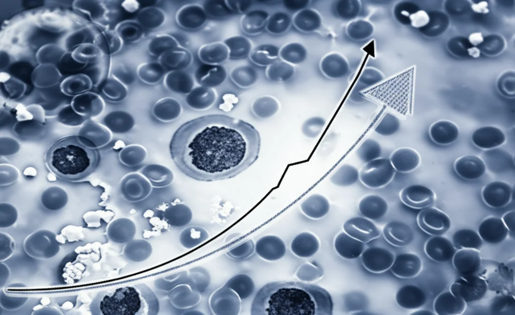 Grafico astratto che mostra una curva di sopravvivenza in crescita sovrapposta a una micrografia di cellule del sangue, colori duotone blu e argento, profondità di campo, obiettivo 35mm, a simboleggiare i dati promettenti sulla sopravvivenza post-trapianto.