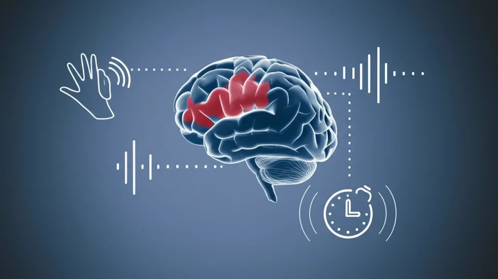 Visualizzazione concettuale del cervello con aree motorie e sensoriali evidenziate. Una linea tratteggiata collega un'azione (mano stilizzata) a un effetto sonoro (onda sonora stilizzata), con un'icona a forma di orologio che indica un ritardo temporale. Duotone blu e grigio, profondità di campo per focalizzare sul concetto di tempo.