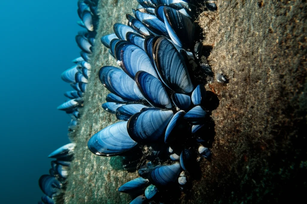 Macro fotografia di un gruppo di cozze blu (Mytilus edulis) attaccate alla superficie ruvida di una fondazione di turbina eolica subacquea, obiettivo macro 100mm, alta definizione dei dettagli dei gusci e dei bisso, illuminazione laterale controllata per creare ombre e profondità, messa a fuoco precisa sui sifoni aperti durante la filtrazione.