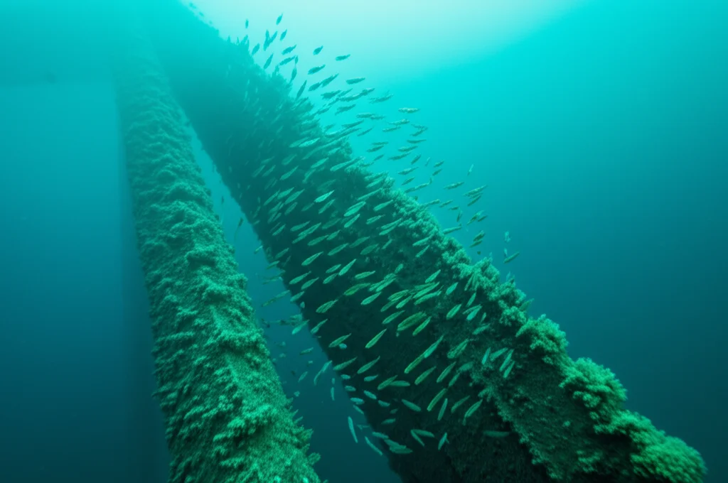 Fotografia subacquea con teleobiettivo zoom 150mm che cattura un banco di piccoli pesci (come merluzzi o simili) che nuotano vicino a una fondazione di turbina ricoperta di organismi marini, inseguimento del movimento con velocità dell'otturatore elevata per congelare l'azione, luce naturale che filtra dall'alto.