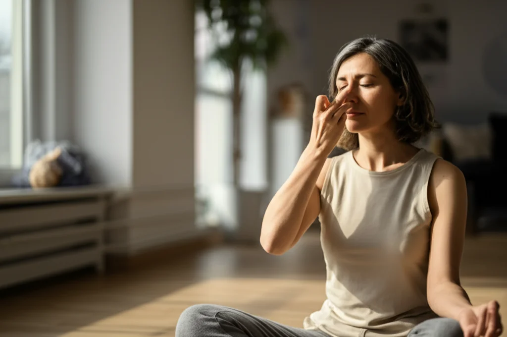 Una donna di mezza età (circa 40 anni) con tratti indiani, seduta a gambe incrociate in una stanza luminosa e tranquilla, pratica Pranayama chiudendo una narice con un dito, occhi chiusi, espressione serena. Fotografia ritratto, obiettivo 35mm, profondità di campo per sfocare leggermente lo sfondo, luce naturale morbida.