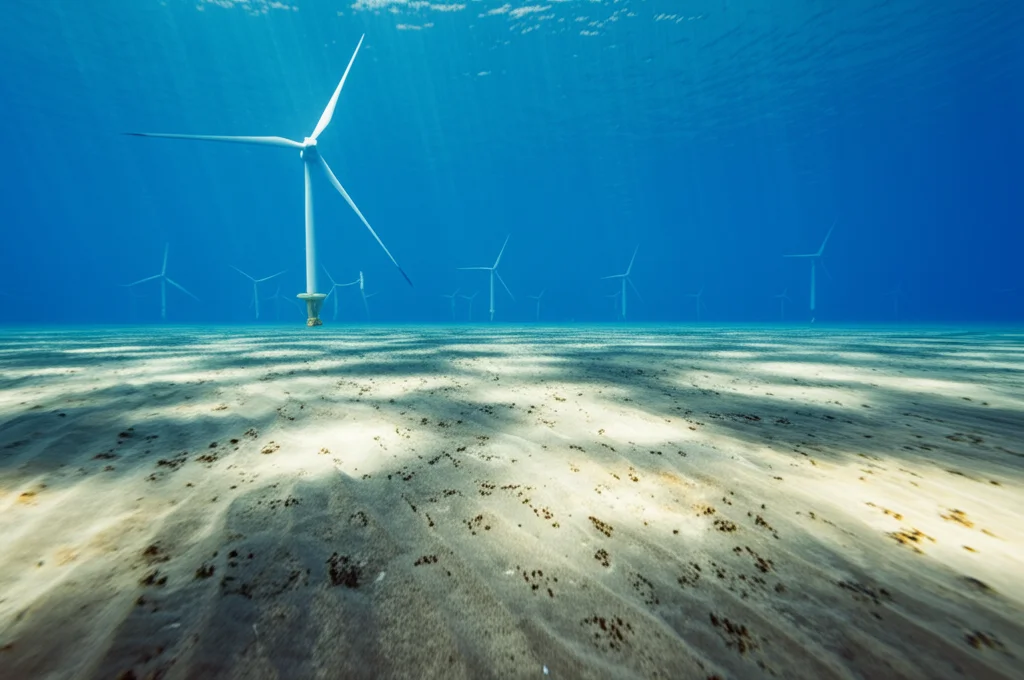 Paesaggio marino grandangolare, obiettivo 18mm, che mostra una vista sottomarina di diverse turbine eoliche in lontananza, con raggi di sole che penetrano l'acqua e illuminano il fondale sabbioso dove si intravedono tracce di vita bentonica, lunga esposizione per ammorbidire il movimento dell'acqua, messa a fuoco nitida sull'intera scena.