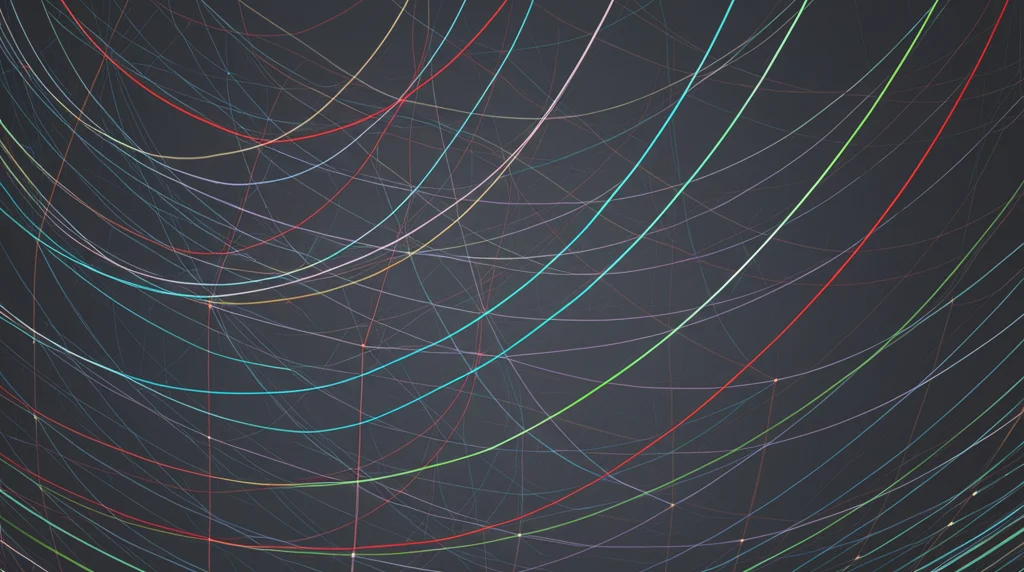 Visualizzazione astratta di uno spazio CAT(0) non euclideo, forse simile a una superficie iperbolica o un grafo complesso, con linee geodetiche che collegano punti distinti. Wide-angle lens, 15mm, sharp focus su tutta la scena, illuminazione diffusa per mostrare la struttura geometrica.